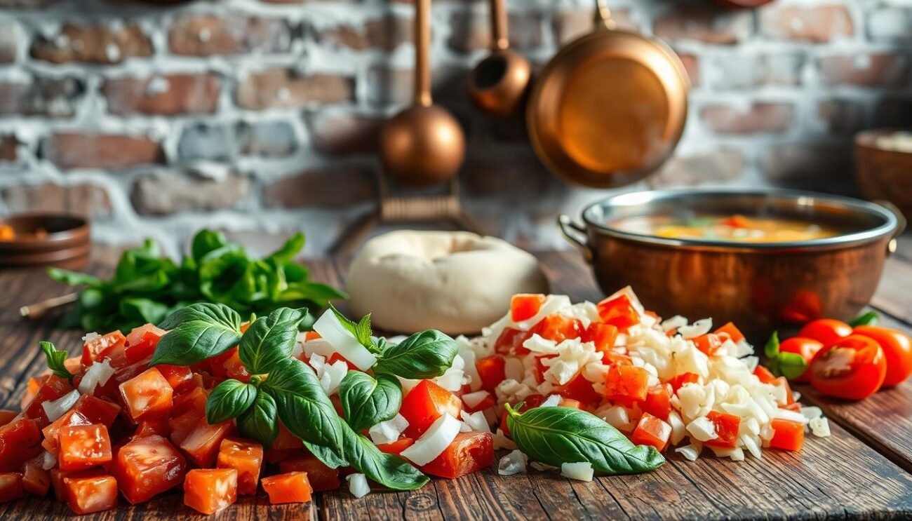 A rustic wooden table set with various ingredients for traditional Italian pizza and minestra (soup). In the foreground, a pile of fresh diced tomatoes, chopped onions, and leafy basil sprigs. In the middle ground, a ball of hand-kneaded pizza dough and a steaming bowl of hearty vegetable broth. In the background, a weathered brick wall with a few hanging copper pans, casting a warm, homey glow. The lighting is soft and natural, highlighting the vibrant colors and textures of the ingredients. An evocative scene capturing the essence of authentic Italian comfort food. A rustic wooden table set with various ingredients for traditional Italian pizza and minestra (soup). In the foreground, a pile of fresh diced tomatoes, chopped onions, and leafy basil sprigs. In the middle ground, a ball of hand-kneaded pizza dough and a steaming bowl of hearty vegetable broth. In the background, a weathered brick wall with a few hanging copper pans, casting a warm, homey glow. The lighting is soft and natural, highlighting the vibrant colors and textures of the ingredients. An evocative scene capturing the essence of authentic Italian comfort food.