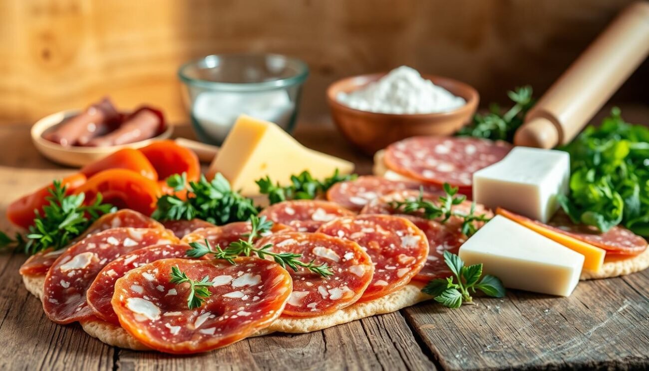 A rustic wooden table showcases an assortment of authentic Italian ingredients for the traditional "Crescia Sfogliata" - a layered Marchigiana flatbread. In the foreground, arrange slices of cured salami, aged cheeses, and fresh herbs, bathed in warm, natural lighting. In the middle ground, a handful of whole wheat flour, a mixing bowl, and a rolling pin hint at the homemade preparation process. The background features a minimalist, earthy backdrop, evoking the artisanal tradition of this regional specialty. The overall composition emphasizes the high-quality, locally-sourced produce used to craft this beloved Marchigian delicacy.