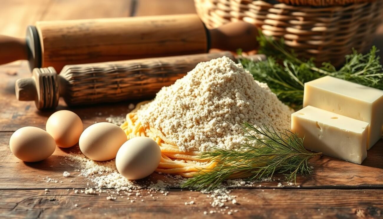 A rustic wooden table showcases the essential ingredients for the traditional Calabrian fileja pasta: a pile of durum wheat semolina flour, a few farm-fresh eggs, a wedge of Pecorino Romano cheese, and a bundle of wild fennel fronds. In the background, a weathered iron rolling pin and a handwoven basket evoke the artisanal heritage of this regional delicacy. Soft, directional lighting casts warm shadows, evoking the comfort and authenticity of homemade cuisine. The scene conveys the artisanal spirit and time-honored traditions behind the making of the fileja calabrese.