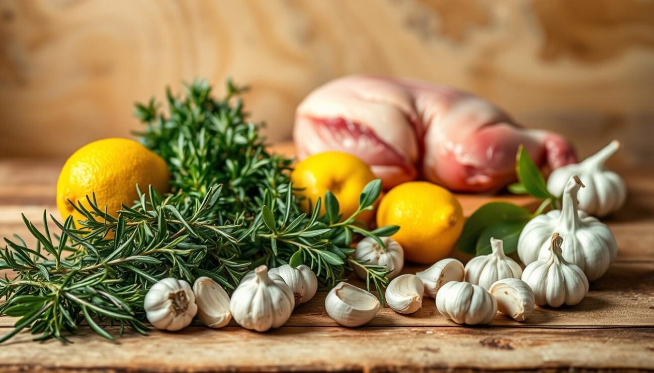 A rustic wooden table showcases the essential ingredients for the traditional Sardinian Capretto dish. In the foreground, a bounty of fresh herbs - rosemary, thyme, and bay leaves - intertwine with plump garlic cloves and a vibrant lemon. In the middle ground, a small, tender capretto (young goat) cuts a striking silhouette, its meat waiting to be seasoned and slow-roasted to perfection. The background features a warm, earthy tone, evoking the sun-drenched Mediterranean landscape that inspires this flavorful culinary tradition. Soft, diffused lighting casts gentle shadows, highlighting the natural textures and colors of these humble, yet essential, components.