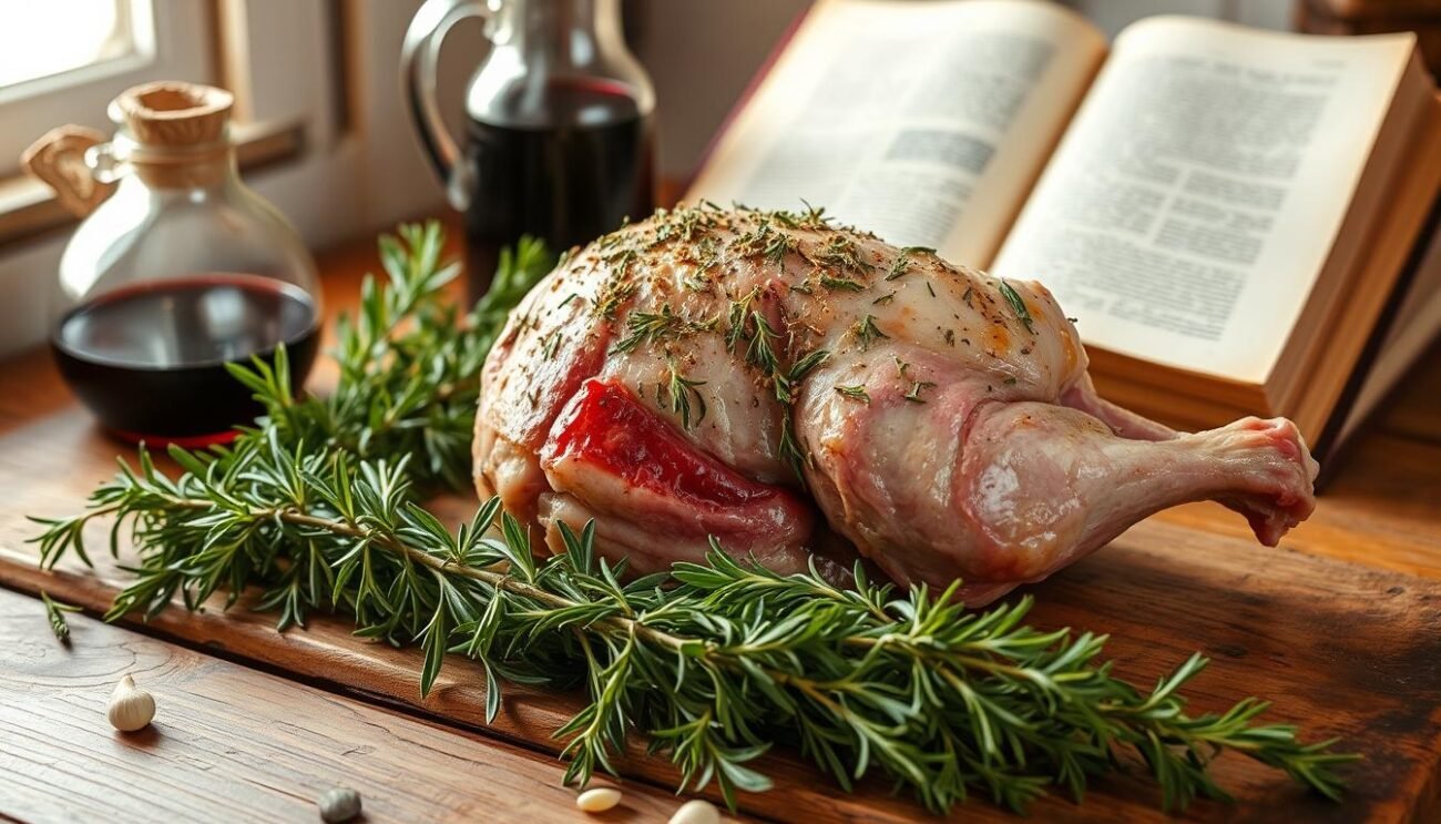 A rustic wooden table, the centerpiece a whole young lamb, seasoned with aromatic herbs, garlic, and olive oil. In the foreground, a pile of fresh rosemary, thyme, and sage, their verdant hues contrasting the earthy tones of the table. Behind the lamb, a glass carafe of robust red wine, and a worn, leather-bound cookbook, its pages open to reveal the secrets of this traditional Molisano dish. The scene is bathed in soft, golden light, casting a warm, inviting glow, evoking the comforts of a family kitchen and the rich culinary heritage of the region. A rustic wooden table, the centerpiece a whole young lamb, seasoned with aromatic herbs, garlic, and olive oil. In the foreground, a pile of fresh rosemary, thyme, and sage, their verdant hues contrasting the earthy tones of the table. Behind the lamb, a glass carafe of robust red wine, and a worn, leather-bound cookbook, its pages open to reveal the secrets of this traditional Molisano dish. The scene is bathed in soft, golden light, casting a warm, inviting glow, evoking the comforts of a family kitchen and the rich culinary heritage of the region.