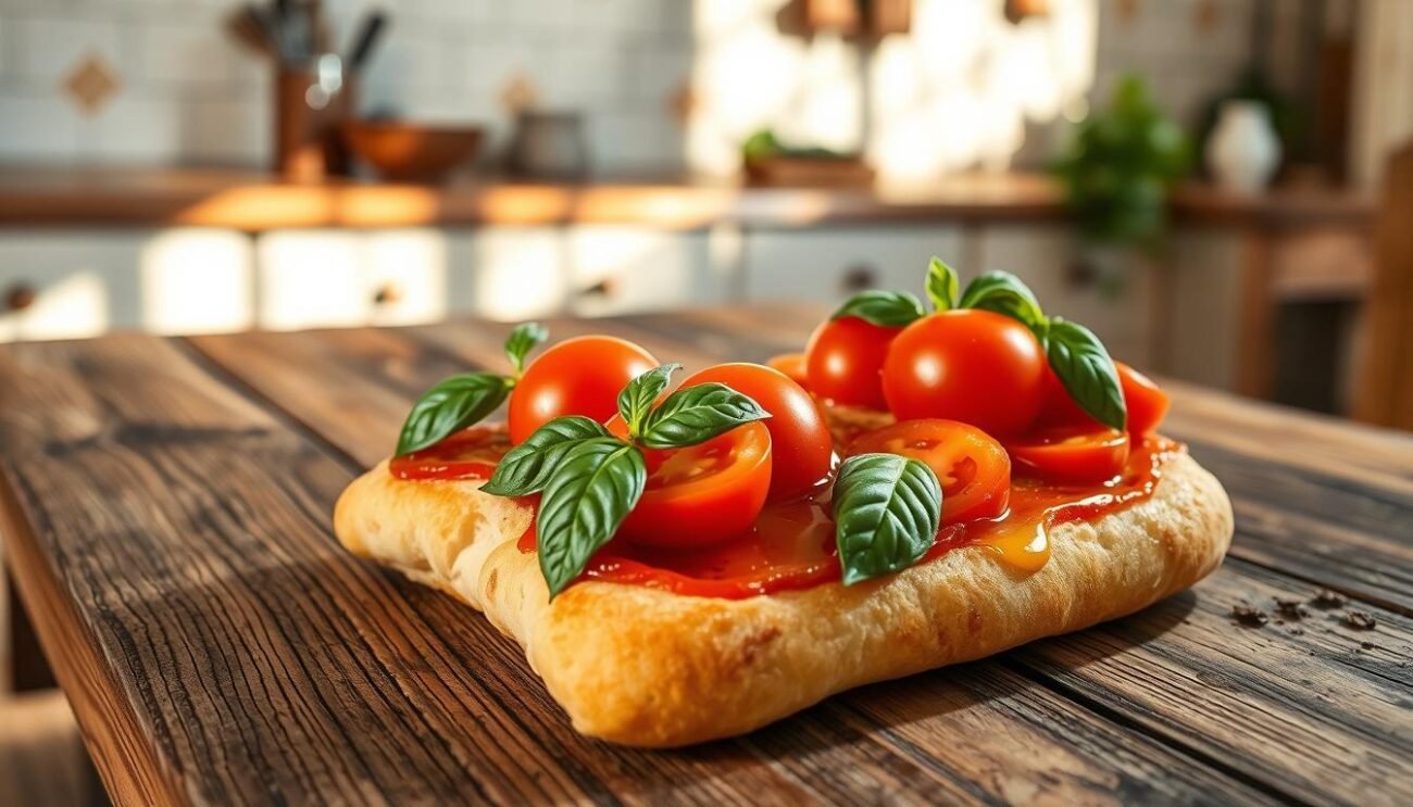 A rustic wooden table with a textured surface, set against a backdrop of sun-dappled walls in a cozy Italian kitchen. On the table, a pair of friselle - traditional Puglian twice-baked bread - crowned with glistening tomatoes, fresh green basil leaves, and a drizzle of golden extra virgin olive oil. The lighting is soft and warm, casting gentle shadows that accentuate the natural textures of the ingredients. The composition is simple yet elegant, capturing the essence of this classic Mediterranean dish in a way that is both visually appealing and true to its origins.