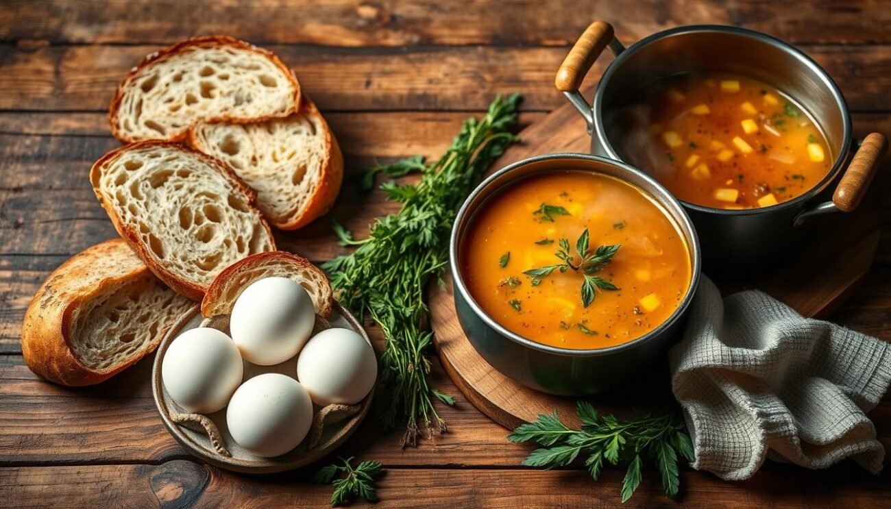 A rustic wooden table with fresh, seasonal ingredients for the authentic Zuppa alla Pavese: crusty Italian bread, farm-fresh eggs, aromatic herbs, and a steaming pot of rich, homemade broth. The warm, soft lighting casts a cozy glow, reflecting the traditional and comforting nature of this historic Lombard dish. The arrangement is carefully curated, showcasing the humble yet flavorful elements that come together to create this beloved regional specialty. The overall mood evokes a sense of tradition, simplicity, and the comforts of home-cooked cuisine.