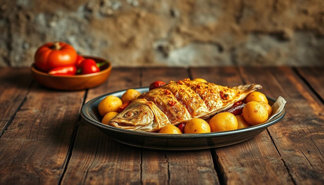 A rustic wooden table, worn with age, sets the stage. Upon it, a platter holds the iconic stoccafisso mammola - dried and salted cod, nestled among roasted peppers and tender potatoes. The golden-brown cod glistens under the warm, soft lighting, its delicate flakes beckoning to be savored. In the background, a simple backdrop of earthy tones and textures evokes the rugged Calabrian countryside, where this traditional dish has been lovingly prepared for generations. The overall scene exudes a sense of authentic, homespun charm, inviting the viewer to imagine the rich flavors and stories that this stoccafisso di Mammola holds.