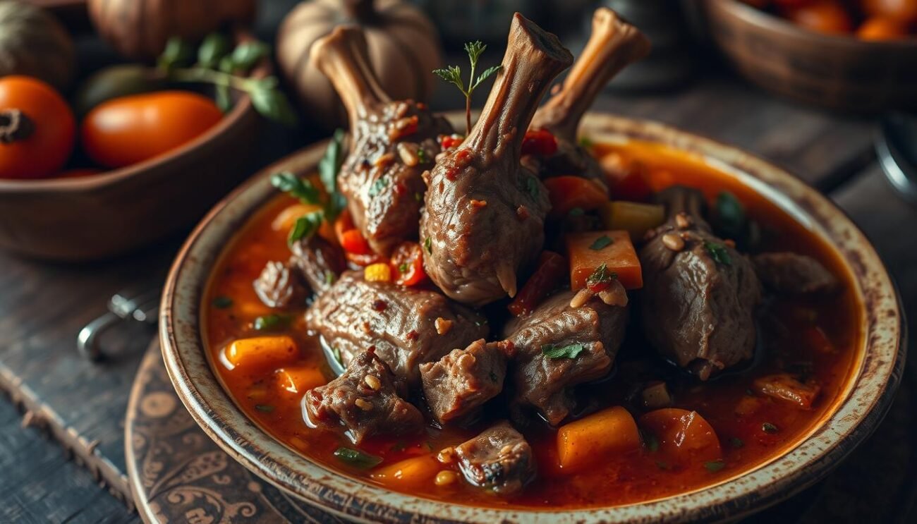 A savory Calabrian dish, Pecora alla Viddhanedda, showcases the regional variations of this traditional recipe. A tender lamb stew, simmered in a rich broth infused with fragrant herbs and spices, rests atop a rustic table. Garnished with vibrant vegetables, the dish reflects the earthy tones and rustic charm of the Calabrian countryside. Diffused lighting casts a warm glow, capturing the hearty, comforting essence of this beloved regional specialty. The camera's angle highlights the depth and complexity of the dish, inviting the viewer to savor the flavors and traditions of this unique culinary heritage.