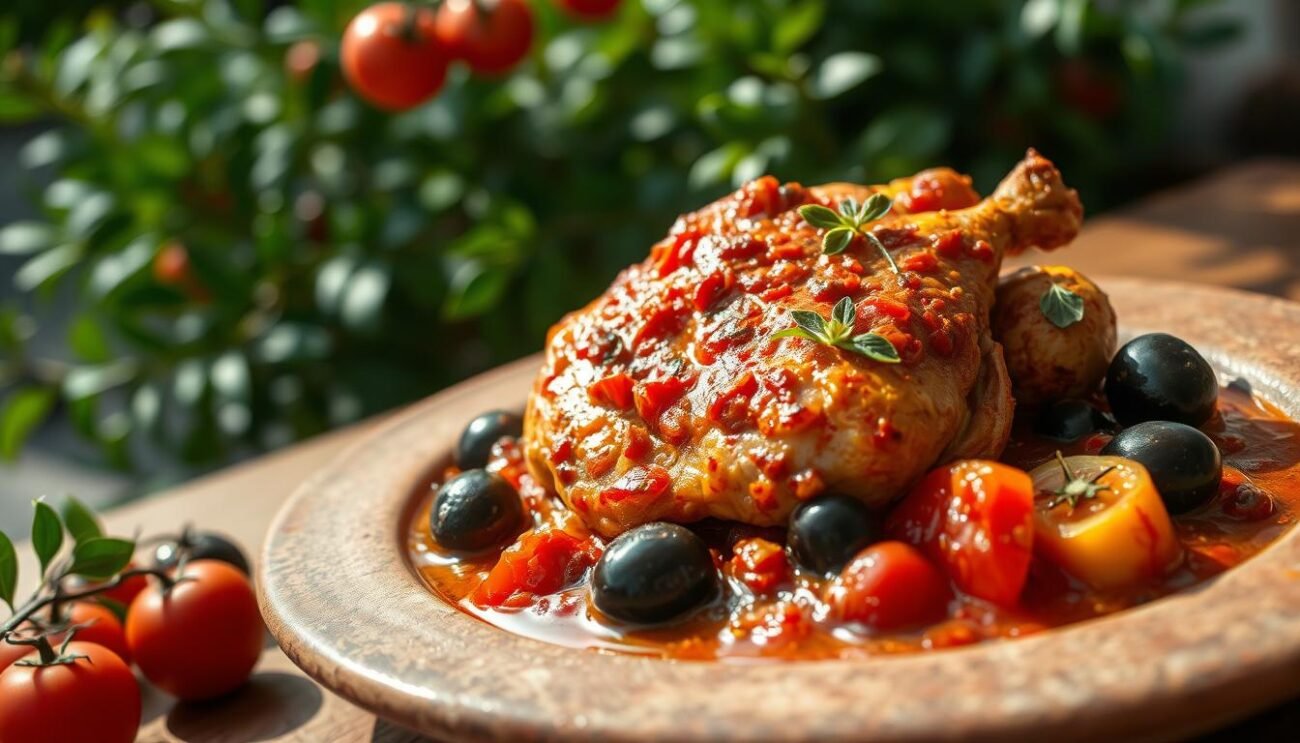 A savory dish of Pollo alla Cacciatora Napoletano is the centerpiece, nestled among vibrant tomatoes and rich black olives. The succulent chicken, braised in a fragrant sauce, glistens under the warm Mediterranean sun, inviting the viewer to imagine the aroma and flavors. In the foreground, the dish is presented on a rustic earthenware plate, its simple yet elegant plating reflecting the traditions of Neapolitan cuisine. The middle ground features a backdrop of lush greenery, hinting at the bountiful Italian countryside. Soft, diffused lighting casts a cozy, intimate atmosphere, capturing the essence of this beloved regional delicacy.