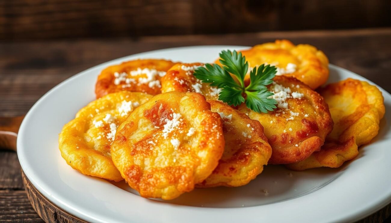 A scrumptious plate of homemade "frittatine di pasta" - delectable fried pasta fritters, a quintessential Neapolitan delicacy. The golden-brown discs are crisply fried to perfection, with a fluffy interior of cooked spaghetti strands bound together by beaten eggs. Garnished with a sprinkling of grated Parmesan cheese and a vibrant green sprig of parsley, the frittatine di pasta are presented against a backdrop of rustic wooden textures, evoking the homemade charm of traditional Italian cuisine. Soft, even lighting illuminates the inviting scene, drawing the viewer's gaze to the enticing and authentic representation of this beloved Neapolitan specialty.
