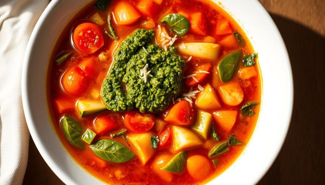 A seasonal minestrone soup in the Genovese style, brimming with vibrant vegetables and fragrant pesto. Tomatoes, zucchini, and leafy greens float in a rich, simmered broth, the colors a symphony of summer. The soup is garnished with a dollop of vibrant green pesto, its herbal notes complementing the earthy, savory base. Served in a simple white bowl, the dish evokes the rustic charm of an Italian trattoria, the lighting casting a warm, golden glow. A sprinkling of freshly grated Parmesan cheese and a drizzle of high-quality olive oil complete this comforting, nourishing bowl of seasonal minestrone alla Genovese.