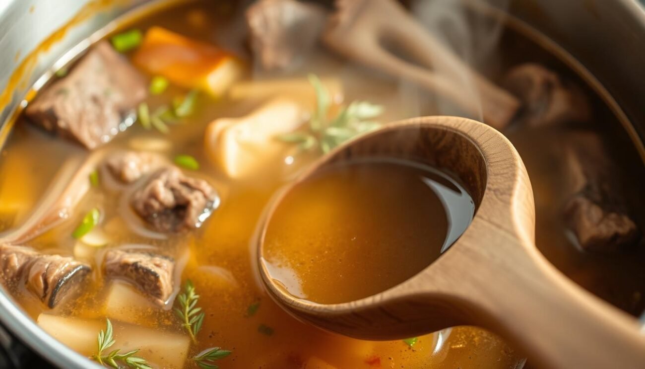 A simmering pot of rich, aromatic brodo di carne fills the frame. Beef bones, aromatic vegetables, and fresh herbs create a deeply flavorful stock, gently bubbling over a flickering flame. The golden-hued liquid reflects the warm, inviting lighting, casting a soft glow throughout the scene. In the foreground, a large wooden ladle emerges, ready to scoop the nourishing broth, the perfect foundation for the authentic Zuppa Gallurese Sarda. The image captures the essence of this traditional Sardinian dish, showcasing the care and attention required to prepare the essential brodo, the heart and soul of this comforting culinary experience.