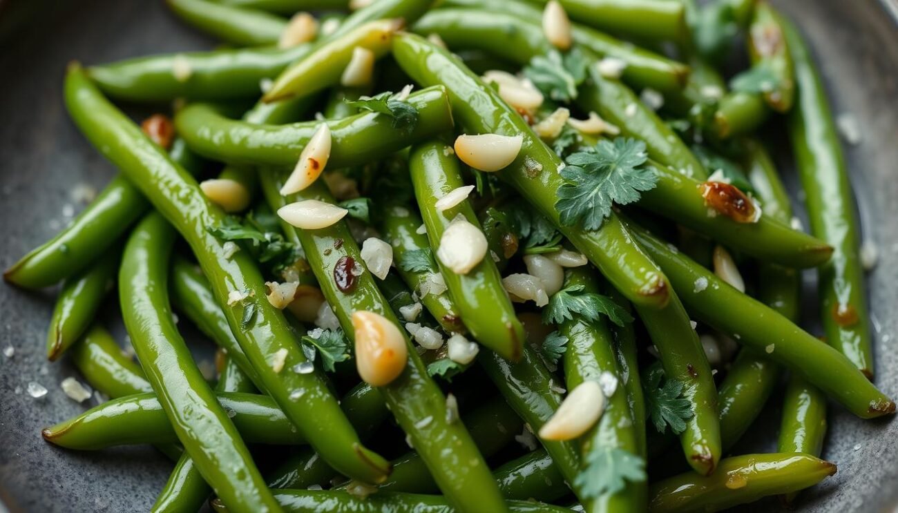 A simple, rustic dish of fresh green beans sautéed with fragrant garlic and vibrant parsley. The beans are tender yet maintain a slight crunch, glistening with a light coating of olive oil. The minced garlic and chopped parsley add depth of flavor, creating a harmonious balance of savory and herbal notes. Captured in natural light, the dish is presented on a matte ceramic plate, allowing the vibrant green hue of the beans to take center stage. The overall composition has a homey, traditional Italian feel, inviting the viewer to imagine enjoying this classic side dish.