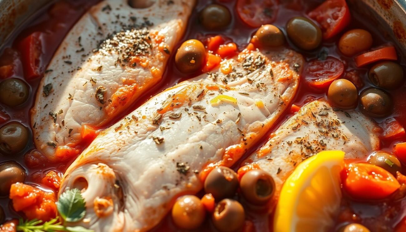 A sizzling dish of fresh swordfish fillets, simmered in a robust tomato and caper sauce, nestled among a medley of Calabrian olives and aromatic herbs. Warm Mediterranean sunlight casts a golden glow, highlighting the fish's tender flakes and the vibrant colors of the sauce. The composition is balanced, with the swordfish taking center stage, surrounded by the rich, rustic flavors of the ghiotta (the traditional Calabrian preparation). A touch of lemon zest adds a bright, citrusy note, elevating the overall harmony of this iconic regional speciality.