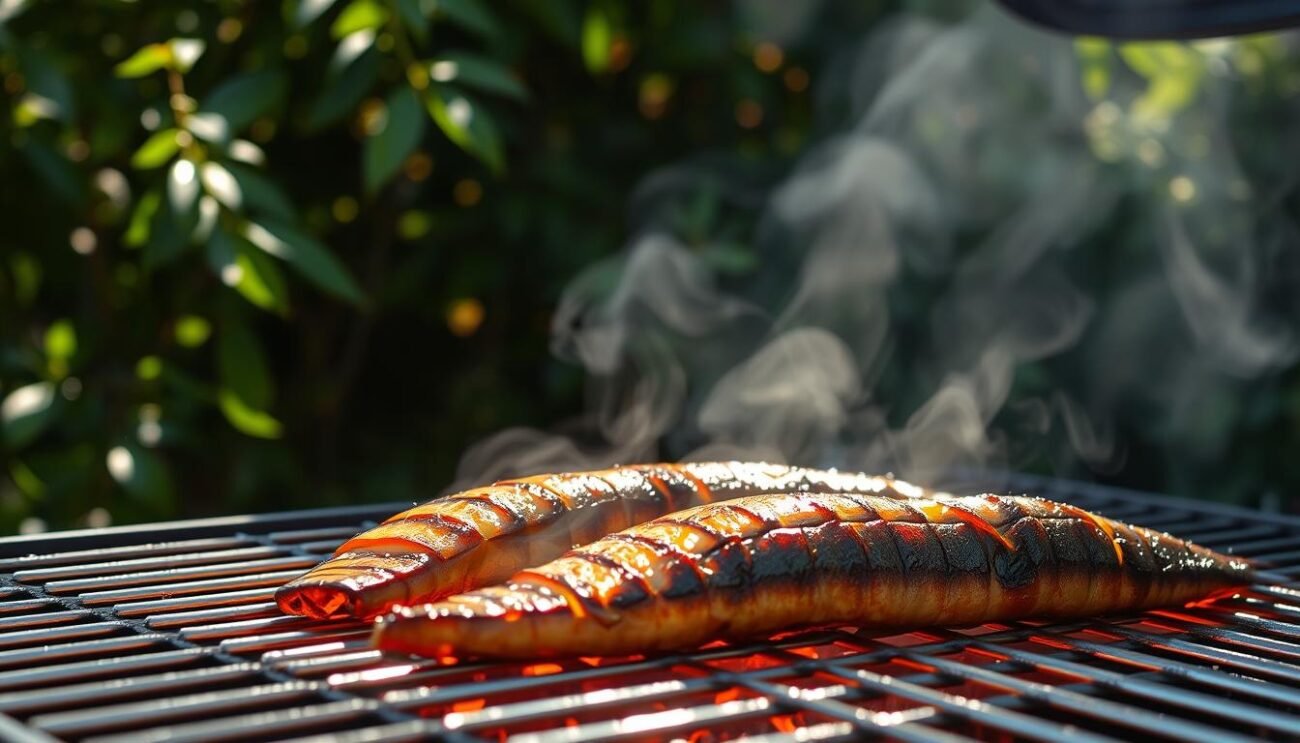A sizzling grill against a backdrop of lush greenery, casting a warm glow over succulent grilled eel fillets. Charred skin crackles as the eel's natural oils caramelize, releasing a tantalizing aroma. The fish's supple flesh gently flakes apart, inviting a savory bite. Dappled sunlight filters through the foliage, casting dancing shadows and creating a rustic, authentic atmosphere. The grill's metal grates gleam, suggesting precise engineering for a flawless cooking process. This image captures the essence of the "Procedimento per una Perfetta Anguilla alla Griglia", an artful execution of a traditional Italian delicacy.