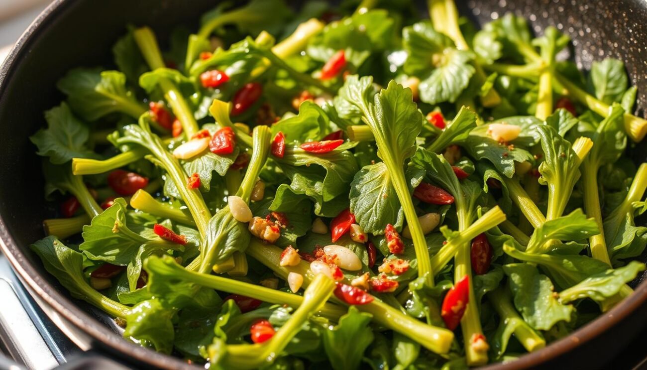 A sizzling pan filled with vibrant cime di rapa, their delicate leaves gently wilting in the aromatic oil. Slivers of garlic and a sprinkle of red chili flakes add depth and heat, while the soft stems retain a satisfying crunch. The scene is bathed in warm, natural light, casting a golden glow and accentuating the vegetables' verdant hues. The composition captures the simplicity and authenticity of this quintessential Italian side dish, ready to be savored with crusty bread and a drizzle of quality olive oil.