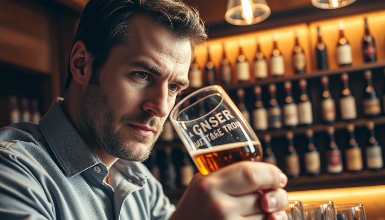 A sommelier meticulously examining a glass of craft beer, tilting it to the light to observe its clarity, color, and effervescence. The scene is set in a cozy, wood-paneled tasting room, with soft, warm lighting casting a golden glow. In the background, a wall of shelves showcases an array of artisanal beer bottles, hinting at the breadth of flavors waiting to be explored. The sommelier's gaze is focused, their expression one of thoughtful concentration, capturing the reverence and expertise that goes into the professional tasting of fine beers.