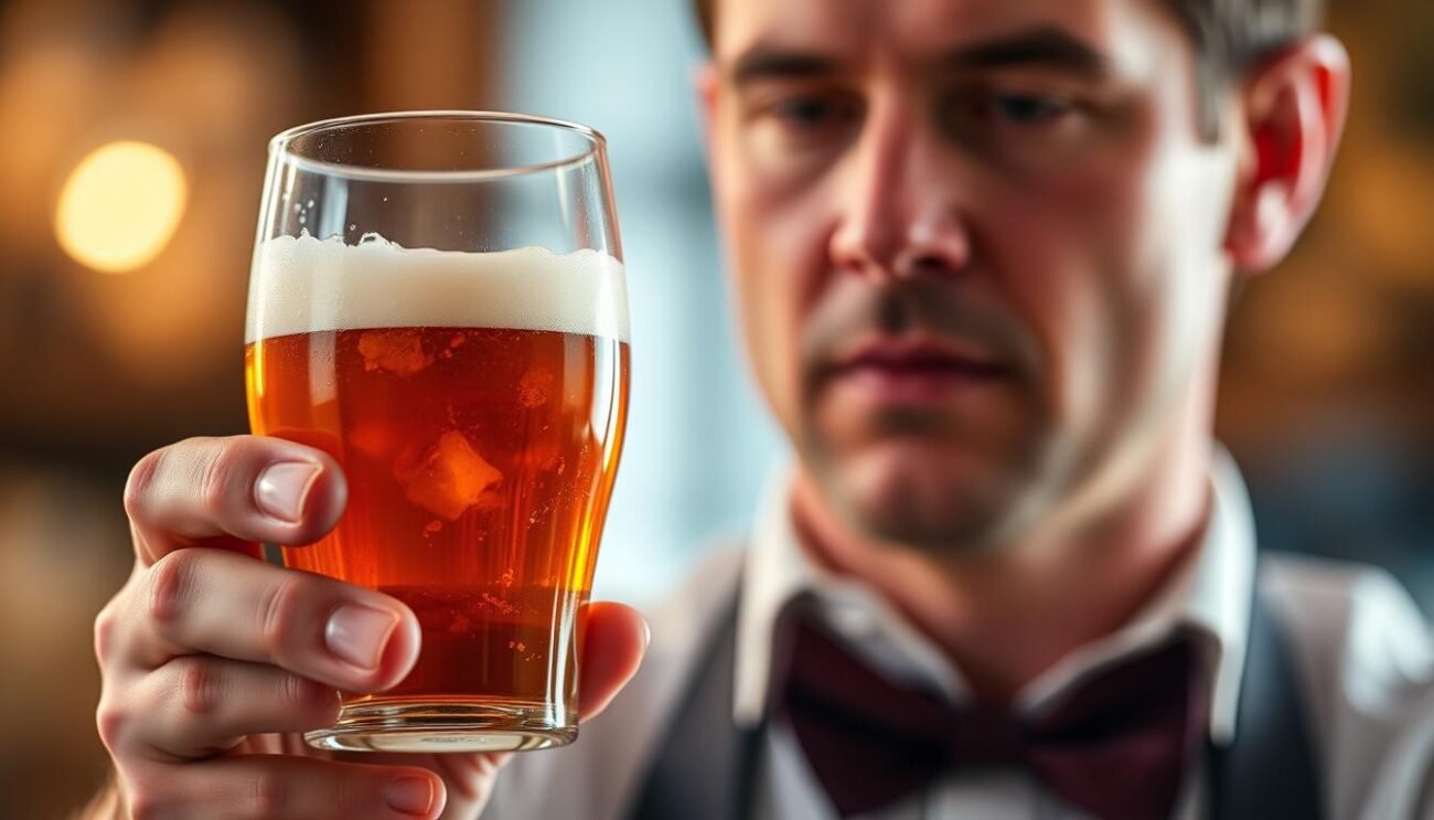 A sophisticated glass of Italian craft beer, held in the hand of a seasoned sommelier. The beer showcases a rich, amber hue with hints of caramel, and a dense, creamy head. The image is captured in warm, soft lighting, emphasizing the intricate aromas and complex flavors that dance across the palate. The sommelier's expression reflects deep concentration, as they savor the nuanced taste experience. The background is blurred, placing the focus entirely on the intimate moment of professional beer tasting.