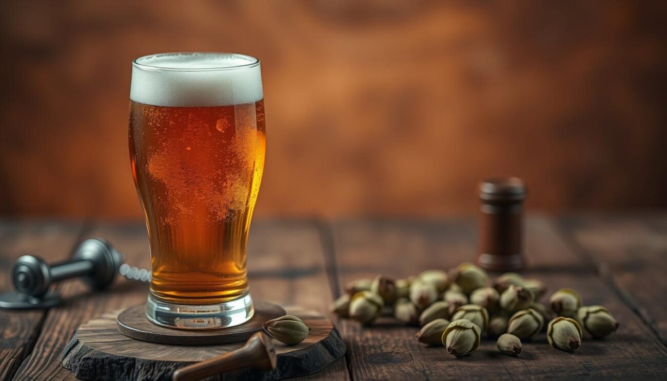 A sophisticated still life in warm, muted tones depicting a glass of amber beer, its head gently foaming. The glass sits atop a rustic wooden surface, surrounded by an assortment of beer-tasting paraphernalia - a corkscrew, a coaster, a few whole hops. The lighting is soft and indirect, creating an atmosphere of thoughtful contemplation. The focus is sharp on the glass, highlighting the intricate patterns and colors of the liquid, while the background is slightly blurred, emphasizing the sensory experience of evaluating the beer's aroma. The overall mood is one of quiet, professional appreciation for the craft of brewing.