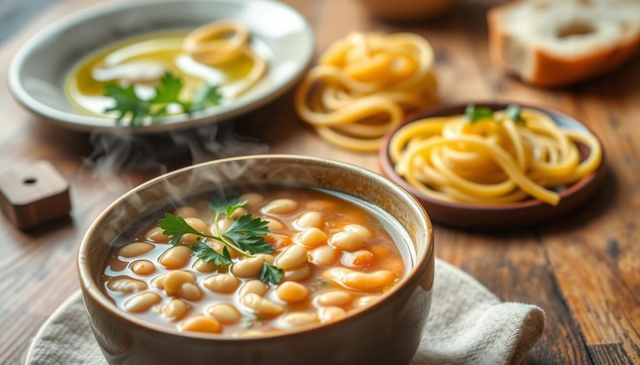 A steaming bowl of Minestra di Fagioli alla Veneta, a traditional Northern Italian bean soup, sits in the foreground. The hearty broth is thick with tender white beans, simmered to perfection, and accented by a garnish of fragrant parsley. In the middle ground, a plate of al dente pasta twirls, ready to be added to the soup. The background features a rustic wooden table, with a slice of crusty bread and a drizzle of olive oil, evoking the cozy, homemade atmosphere of this cherished regional dish. Warm, earthy tones and soft, diffused lighting create an inviting, appetizing scene.