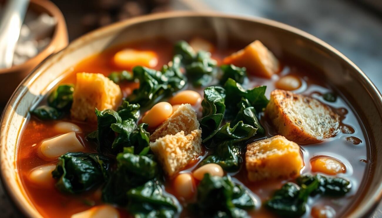 A steaming bowl of Ribollita Toscana, the iconic Tuscan peasant soup, comes into focus. Thick chunks of hearty kale and creamy white beans mingle with torn pieces of crusty Tuscan bread, soaked in a rich, tomato-infused broth. The deep green of the cavolo nero leaves contrasts beautifully with the rustic, golden-brown hues of the bread. Beams of warm, soft light cast a cozy, inviting glow over the scene, drawing the viewer in to experience the comfort and simplicity of this beloved regional dish. The image is captured with a shallow depth of field, placing the soup as the clear focal point, while the background fades into a blurred, dreamlike quality.
