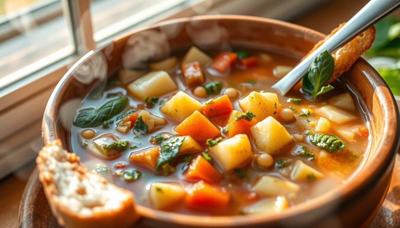 A steaming bowl of minestrone genovese, brimming with a medley of seasonal vegetables simmered in a rich, savory broth. Tender chunks of potato, carrots, and celery mingle with vibrant pesto, infusing each spoonful with the aromatic notes of basil, pine nuts, and Parmesan. Sunlight filters through a window, casting a warm glow on the earthenware bowl, highlighting the vibrant greens and creamy textures. A crusty slice of bread leans against the side, inviting you to dip and savor the comforting flavors of this classic Italian soup. Shot with a shallow depth of field, the focus draws the viewer into the heart of this nourishing and satisfying dish.