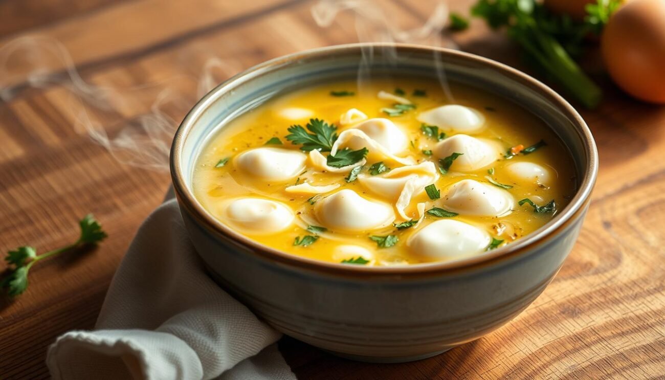 A steaming bowl of stracciatella alla romana, the classic Roman egg drop soup, sits invitingly on a wooden table. The broth, infused with parmesan and herbs, gently cradles delicate shreds of egg that dance across the surface. Soft, pillowy textures contrast with the vibrant green of fresh parsley, creating a visually appetizing and comforting scene. Muted natural lighting casts a warm glow, evoking the welcoming atmosphere of a traditional Italian kitchen. The overall composition conveys the homemade, rustic charm of this traditional Roman dish, a true embodiment of the "Ricetta della Stracciatella alla Romana".