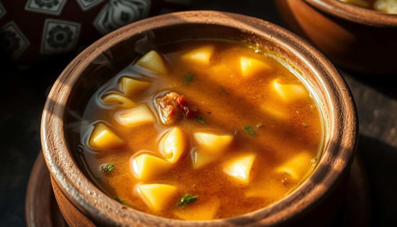 A steaming bowl of traditional Minestra Vedova Romagnola, a simple yet comforting peasant dish from the Romagna region of Italy. The broth is a rich, golden-hued elixir, infused with the essence of simmered vegetables and herbs. Floating within are tender bits of pasta, their texture complementing the hearty broth. The scene is lit by soft, diffused natural light, casting a warm, inviting glow on the rustic earthenware bowl. The image conveys the humble yet nourishing nature of this classic Italian comfort food, ready to be savored with crusty bread and shared with loved ones. A steaming bowl of traditional Minestra Vedova Romagnola, a simple yet comforting peasant dish from the Romagna region of Italy. The broth is a rich, golden-hued elixir, infused with the essence of simmered vegetables and herbs. Floating within are tender bits of pasta, their texture complementing the hearty broth. The scene is lit by soft, diffused natural light, casting a warm, inviting glow on the rustic earthenware bowl. The image conveys the humble yet nourishing nature of this classic Italian comfort food, ready to be savored with crusty bread and shared with loved ones.