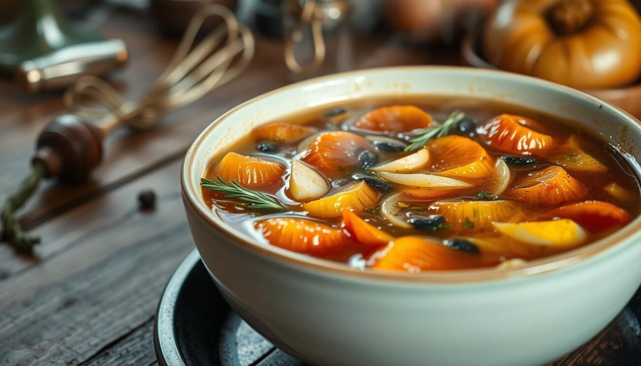 A steaming bowl of traditional Neapolitan onion soup, the centerpiece of the scene. Cipolla Ramata di Montoro, a vibrant local variety, caramelized to perfection, their rich amber hues glowing under soft, warm lighting. Slivers of garlic, aromatic herbs, and a drizzle of olive oil add depth and complexity to the savory broth. In the background, a rustic wooden table, worn with time, sets the stage for this comforting, time-honored dish. Hints of a cozy, welcoming kitchen atmosphere lend an air of authenticity to the scene. The overall mood is one of homespun, hearty Italian tradition, inviting the viewer to savor the aroma and flavors of this beloved culinary staple. A steaming bowl of traditional Neapolitan onion soup, the centerpiece of the scene. Cipolla Ramata di Montoro, a vibrant local variety, caramelized to perfection, their rich amber hues glowing under soft, warm lighting. Slivers of garlic, aromatic herbs, and a drizzle of olive oil add depth and complexity to the savory broth. In the background, a rustic wooden table, worn with time, sets the stage for this comforting, time-honored dish. Hints of a cozy, welcoming kitchen atmosphere lend an air of authenticity to the scene. The overall mood is one of homespun, hearty Italian tradition, inviting the viewer to savor the aroma and flavors of this beloved culinary staple.