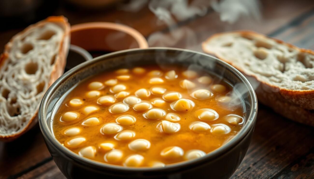 A steaming bowl of traditional Venetian minestra di fagioli, the classic bean soup of northern Italy. In the foreground, plump white beans and tiny pasta pearls float in a rich, velvety broth, their warm tones glowing under soft, diffused lighting. The middle ground features crusty slices of artisanal bread, their golden crusts contrasting with the creamy soup. In the background, a wooden table sets the rustic scene, evoking the cozy, homespun atmosphere of an Italian kitchen. The overall mood is one of comfort, nourishment, and the enduring traditions of regional Italian cuisine.
