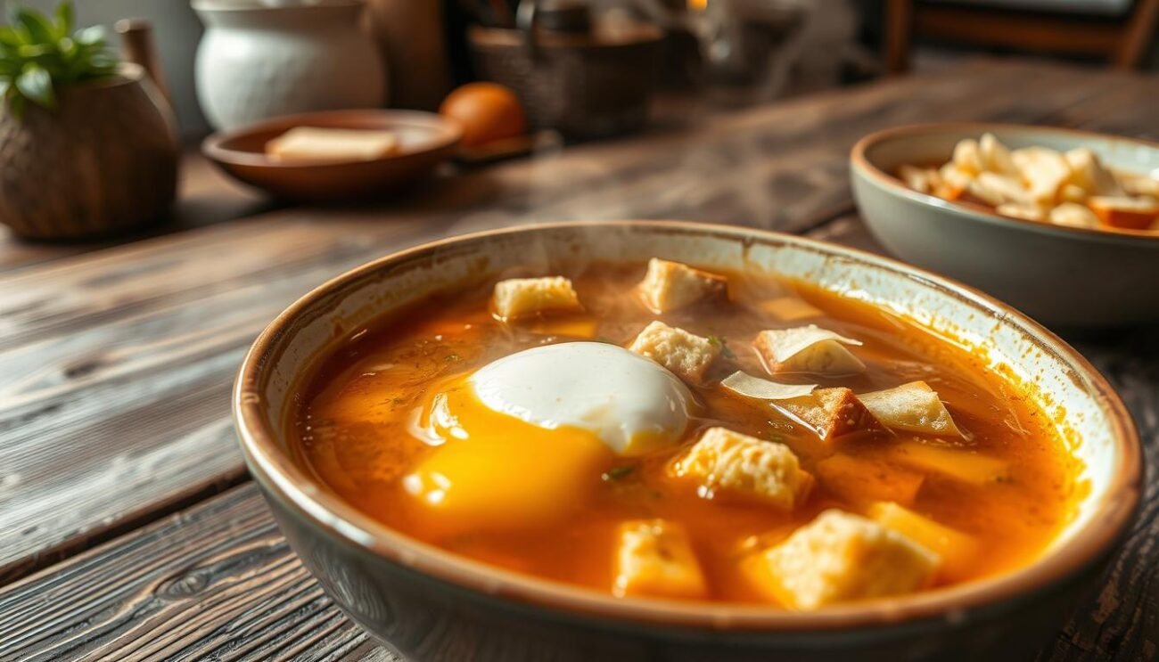 A steaming bowl of zuppa alla pavese, a classic Italian soup from the Lombardy region. In the foreground, a soft-boiled egg nestled in a rich, aromatic broth, its yolk gently spilling out. Tender cubes of bread soak up the flavorful liquid, while shavings of Parmesan cheese add a creamy, salty accent. The middle ground features a rustic wooden table, its weathered surface complementing the earthy tones of the dish. In the background, a cozy kitchen with warm, gentle lighting sets the mood for this timeless, comforting lombard specialty.