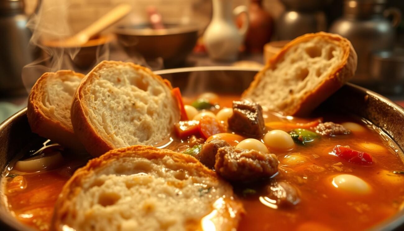 A steaming bowl of zuppa mitonata, a classic Piedmontese winter dish. In the foreground, thick slices of crusty homemade bread float in a rich, savory broth, seasoned with aromatic herbs and spices. The middle ground reveals the hearty ingredients - tender chunks of slow-cooked beef, tender vegetables, and pearl onions, all simmered to perfection. The background evokes a cozy, rustic kitchen, with a warm, amber-tinted lighting that casts a comforting glow over the scene. The overall atmosphere invites the viewer to savor the comforting flavors and traditions of this beloved regional specialty.