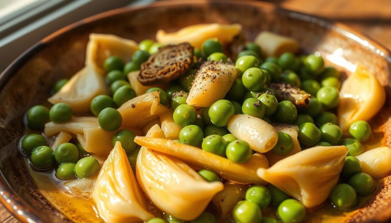 A steaming dish of Vignarola Romana, a classic Roman springtime contorno, with tender fava beans, sweet peas, and artichoke hearts simmered in a fragrant olive oil and garlic broth. The fresh, vibrant vegetables are arranged artfully on a rustic ceramic plate, the golden hues of the artichokes contrasting beautifully with the bright green of the peas and the pale ivory of the fava beans. Soft natural lighting casts a warm glow over the scene, highlighting the delicate textures and bringing out the depth of flavors. A sprinkle of freshly cracked black pepper and a drizzle of bright green extra virgin olive oil finish the dish, making it an appetizing and visually stunning representation of the quintessential Roman springtime flavors.