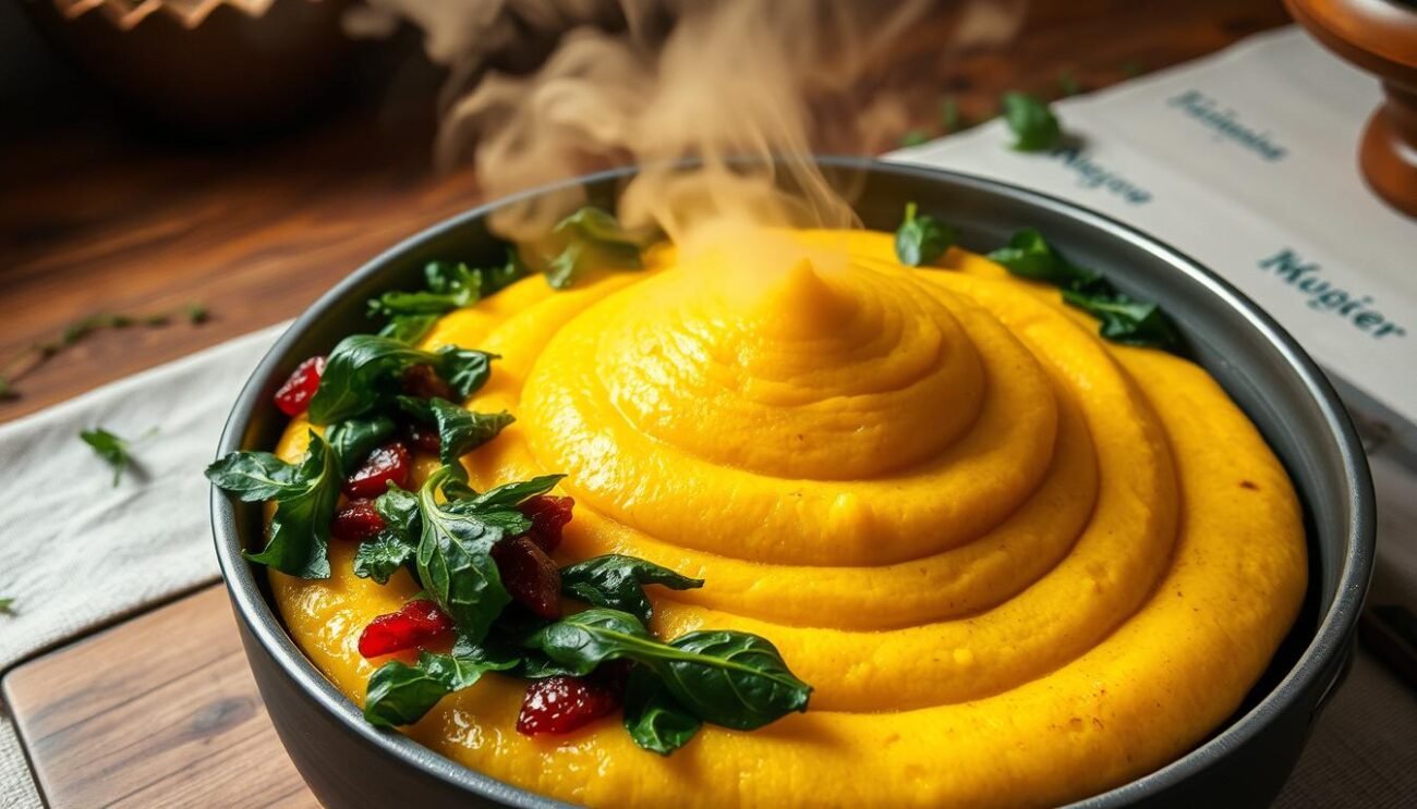A steaming mound of golden polenta, freshly ladled from a large pot, surrounded by a colorful array of sautéed bietole (Swiss chard) leaves. The polenta's surface is smooth and glossy, reflecting the warm overhead lighting. In the background, a rustic wooden table sets the scene, with a simple tablecloth and a few scattered sprigs of fresh herbs. The overall atmosphere evokes a traditional Italian kitchen, where the aroma of this time-honored dish fills the air. The composition captures the careful preparation of Polenta d'Iragna, a beloved regional specialty from the Molise area.