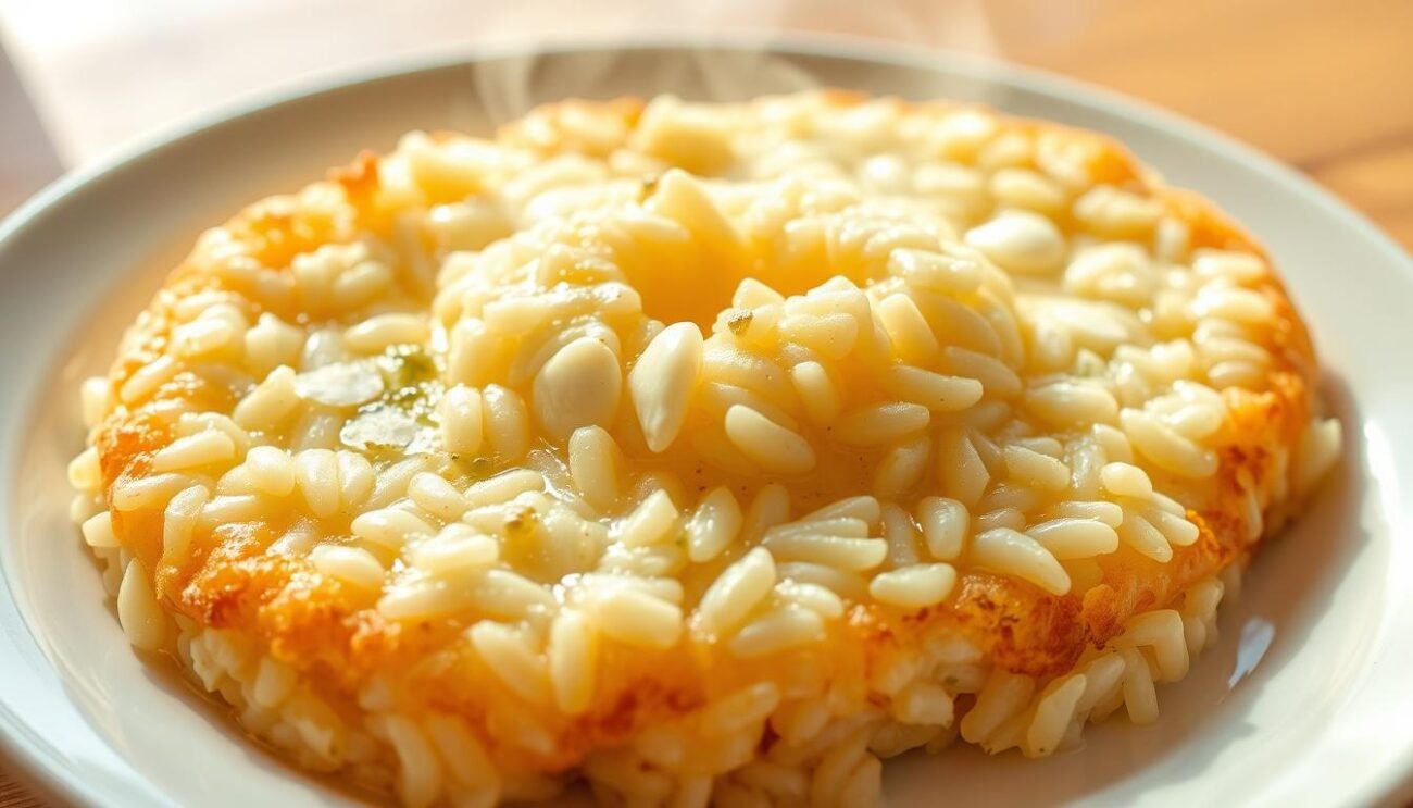 A steaming plate of risotto, glistening with creamy arborio rice, dotted with tender morsels of mozzarella. The aroma of garlic and parmesan wafts through the air, inviting you to take a bite. The risotto is carefully molded into a compact oval shape, the exterior lightly crisped from gentle frying. Soft natural lighting casts a warm glow, highlighting the dish's enticing texture and golden hue. The overall scene exudes a sense of comfort and homemade Italian cuisine, perfectly capturing the essence of "supplì al telefono" - the classic Roman fried rice croquettes with stretchy mozzarella center.