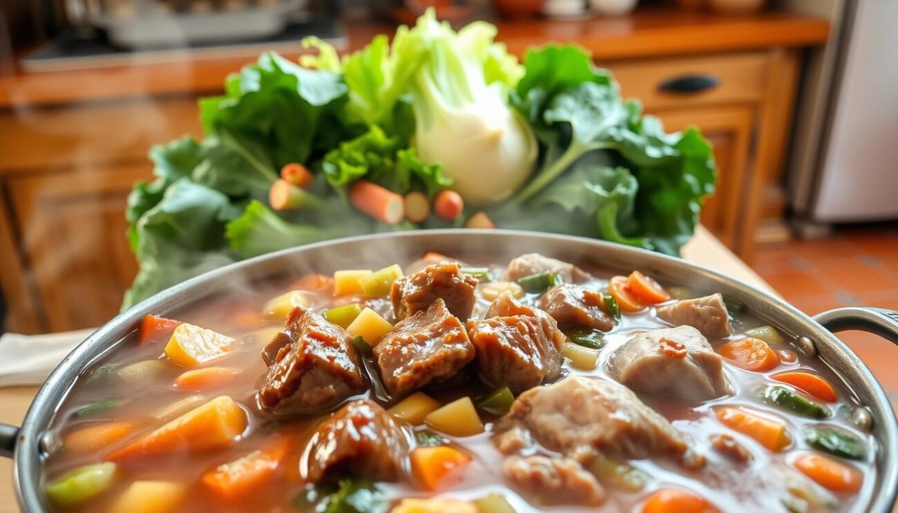 A steaming pot of minestra maritata, a traditional Campania dish, takes center stage. The foreground showcases the hearty broth, dotted with chunks of tender beef and aromatic vegetables - carrots, celery, and onions. In the middle ground, an assortment of leafy greens, such as kale and cabbage, mingle together, their vibrant colors contrasting with the rich, savory tones. The background depicts a rustic kitchen setting, with wooden countertops and terracotta tiles, evoking the warmth and comfort of a homemade meal. The lighting is soft and natural, casting a cozy glow over the entire scene, inviting the viewer to savor the comforting flavors of this quintessential southern Italian dish. A steaming pot of minestra maritata, a traditional Campania dish, takes center stage. The foreground showcases the hearty broth, dotted with chunks of tender beef and aromatic vegetables - carrots, celery, and onions. In the middle ground, an assortment of leafy greens, such as kale and cabbage, mingle together, their vibrant colors contrasting with the rich, savory tones. The background depicts a rustic kitchen setting, with wooden countertops and terracotta tiles, evoking the warmth and comfort of a homemade meal. The lighting is soft and natural, casting a cozy glow over the entire scene, inviting the viewer to savor the comforting flavors of this quintessential southern Italian dish.
