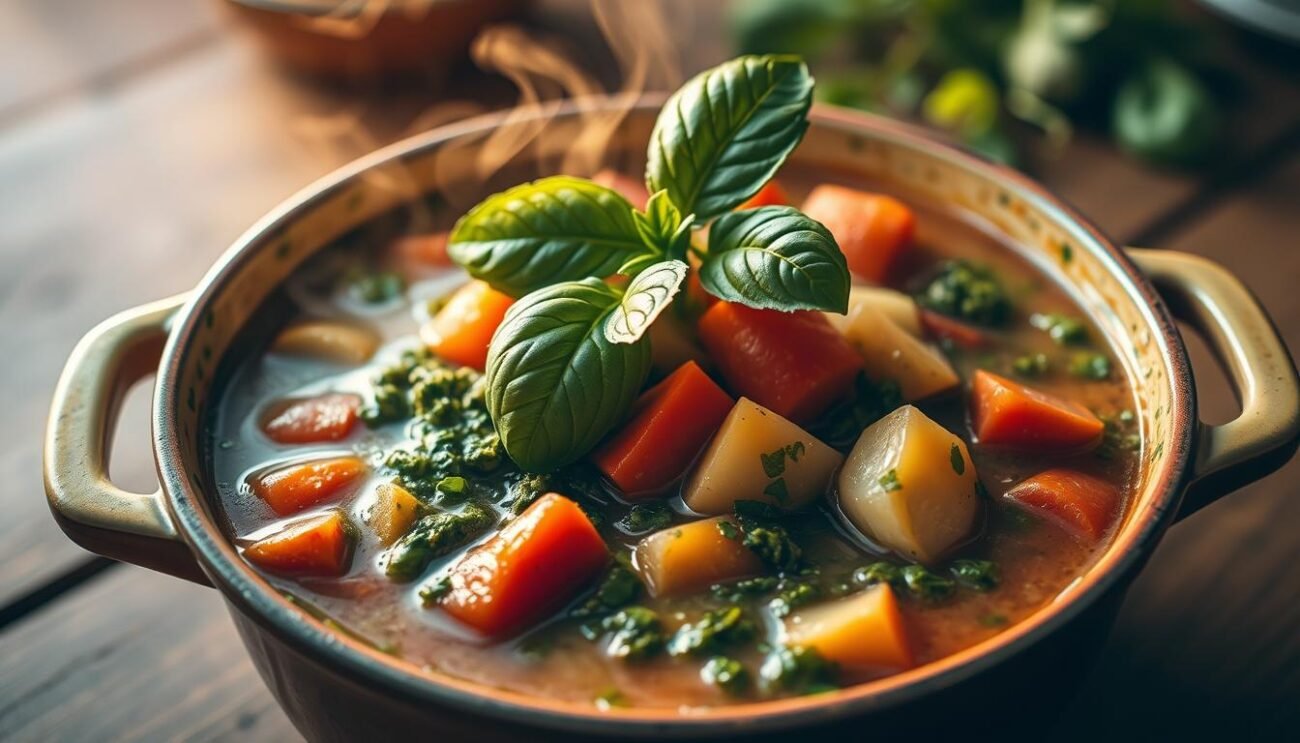 A steaming pot of minestrone genovese, its vibrant colors and hearty texture filling the frame. Fresh basil leaves dance atop the vibrant green pesto, while seasonal vegetables - carrots, zucchini, and potatoes - peek out from the thick broth. The image is bathed in warm, golden light, casting a cozy, homemade atmosphere. The bowl sits on a simple wooden table, inviting the viewer to dive into this authentic Genoese specialty. The scene captures the essence of the true minestrone, a comforting and flavorful dish that celebrates the bounty of seasonal produce.