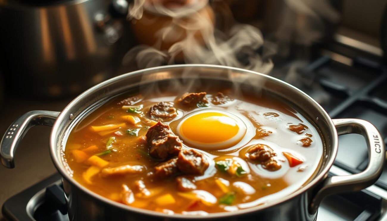 A steaming pot of rich, golden brodo di carne simmers on the stove, its fragrant aroma filling the kitchen. Tender beef and aromatic vegetables meld together, creating a robust and nourishing broth. Strands of egg float gracefully, adding a delicate texture to the dish. The scene is illuminated by soft, natural lighting, casting a warm glow over the scene. The composition focuses on the centerpiece of the broth, with the pot positioned prominently in the foreground. The background is slightly blurred, allowing the viewer to focus on the captivating details of the broth itself.