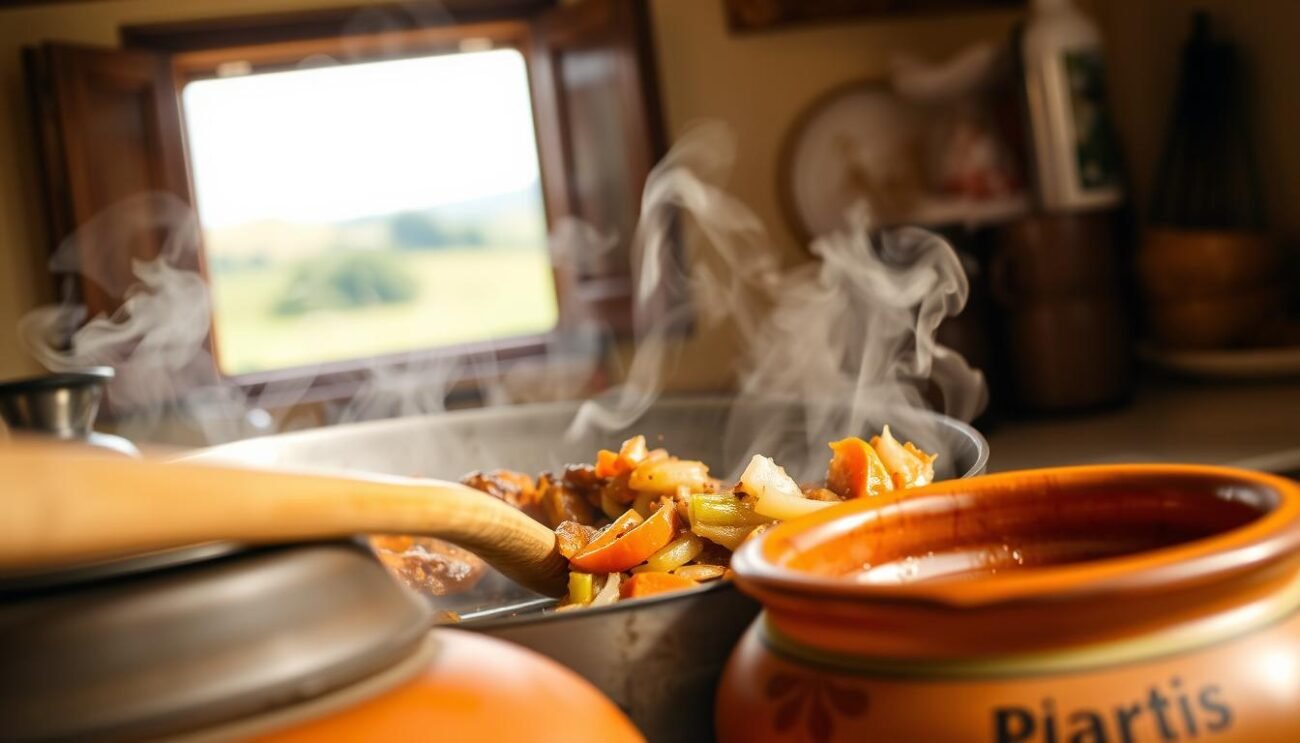 A steaming pot of simmering soffritto toscano, its aromatic blend of olive oil, onions, carrots, and celery sizzling on the stovetop. The vegetables are gently caramelized, their natural sweetness released and infusing the air with a comforting aroma. In the foreground, a wooden spoon deftly stirs the mixture, while a rustic earthenware bowl awaits nearby, ready to receive the flavorful base. The scene is bathed in warm, soft lighting, creating a cozy, homely atmosphere. In the background, a simple kitchen window frames the Tuscan countryside, hinting at the rich culinary traditions that inspired this essential ingredient of the region's renowned ribollita soup. A steaming pot of simmering soffritto toscano, its aromatic blend of olive oil, onions, carrots, and celery sizzling on the stovetop. The vegetables are gently caramelized, their natural sweetness released and infusing the air with a comforting aroma. In the foreground, a wooden spoon deftly stirs the mixture, while a rustic earthenware bowl awaits nearby, ready to receive the flavorful base. The scene is bathed in warm, soft lighting, creating a cozy, homely atmosphere. In the background, a simple kitchen window frames the Tuscan countryside, hinting at the rich culinary traditions that inspired this essential ingredient of the region's renowned ribollita soup.