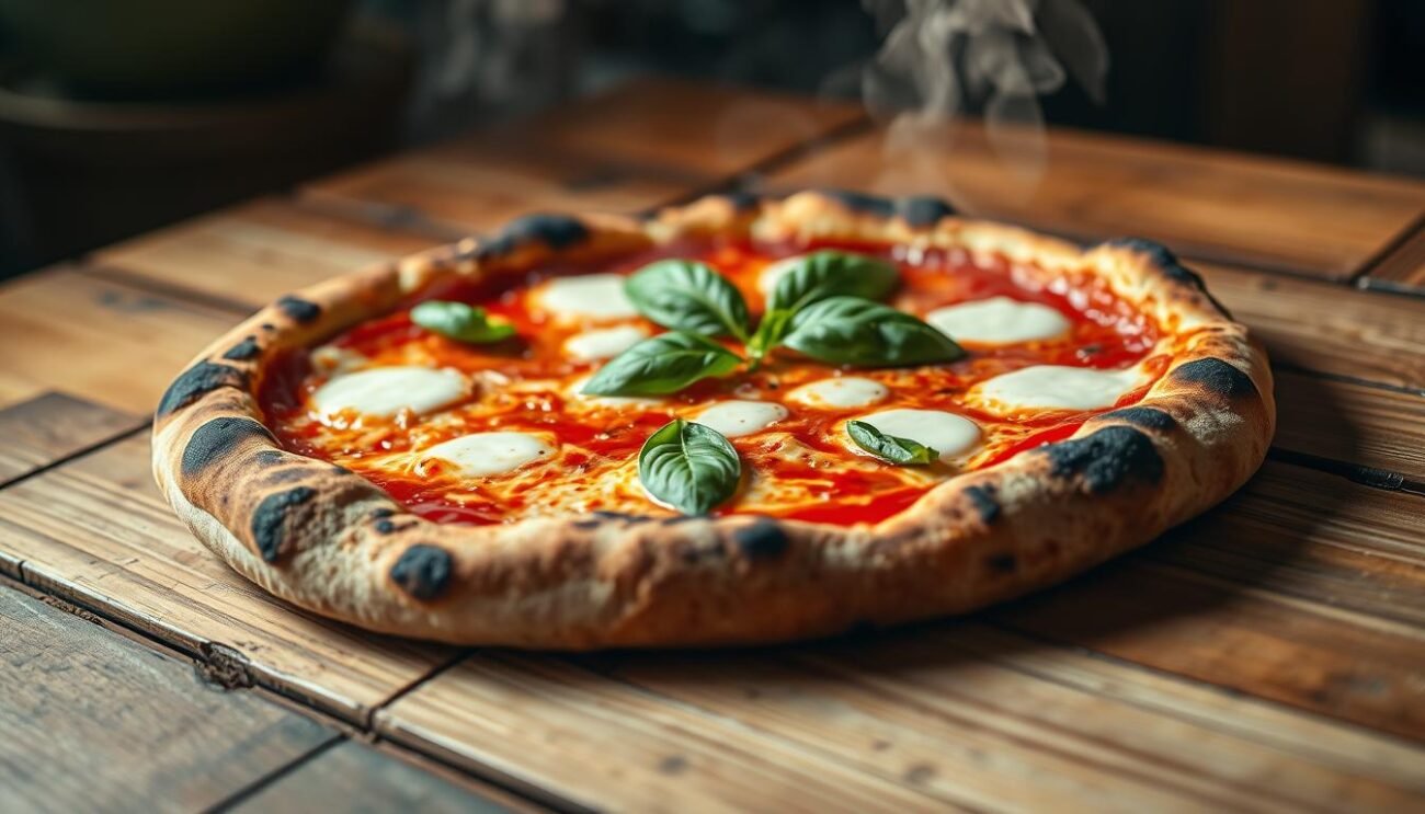 A steaming, wood-fired Neapolitan pizza with a bubbly, charred crust sits on a rustic wooden table. The dough is hand-stretched, the San Marzano tomato sauce is tangy and bright, and the mozzarella di bufala is creamy and glistening. Fresh basil leaves are scattered across the top, adding a vibrant green contrast. The lighting is warm and natural, casting a cozy glow over the scene. The camera is positioned at a slight angle, capturing the pizza's perfect proportions and the inviting texture of the crust. The overall mood is one of authentic Italian tradition and the joy of simple, quality ingredients.