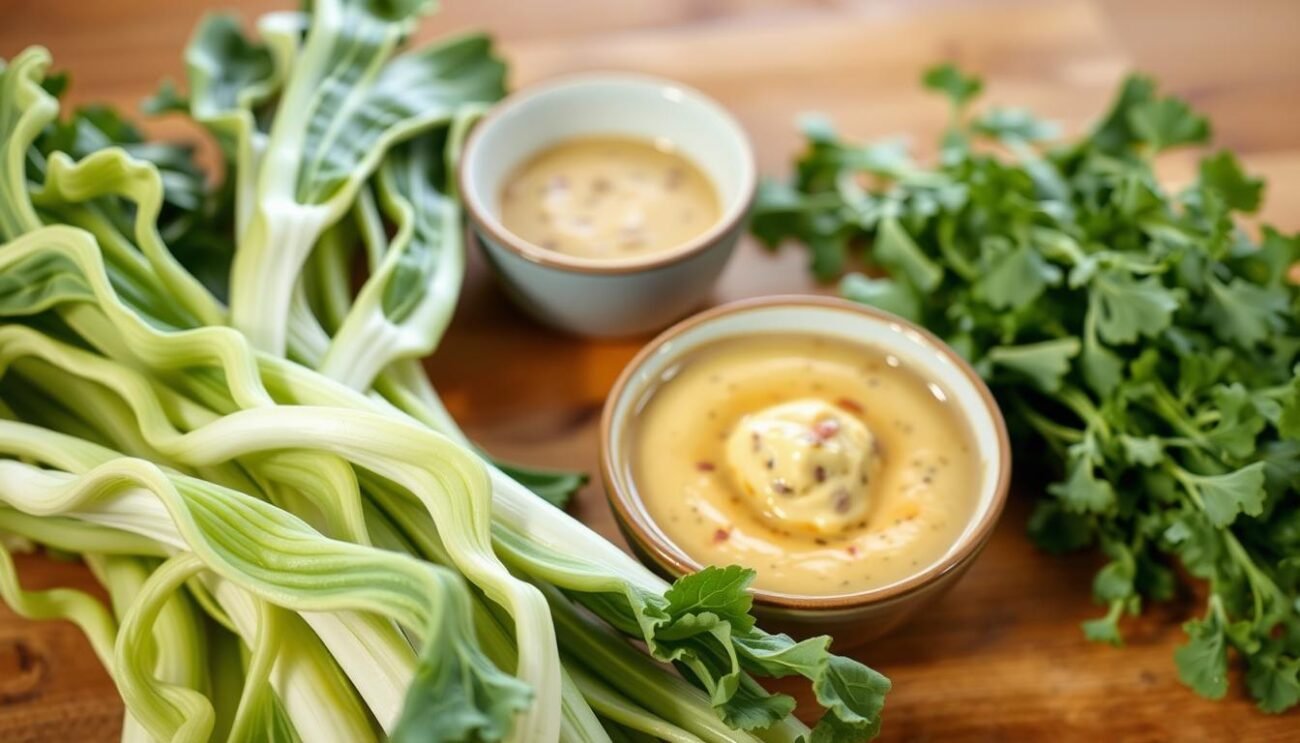 A still life arrangement of fresh puntarelle, a classic Roman chicory salad ingredient. The leafy green stalks are displayed in the foreground, their wavy, elongated shapes creating an eye-catching visual. In the middle ground, a bowl of creamy, garlicky anchovy sauce sits, ready to dress the puntarelle. The background features a wooden table or cutting board, evoking a rustic, Italian kitchen setting. The lighting is soft and natural, casting gentle shadows and highlighting the vibrant colors of the produce. The overall mood is one of simplicity, freshness, and the flavors of traditional Roman cuisine.