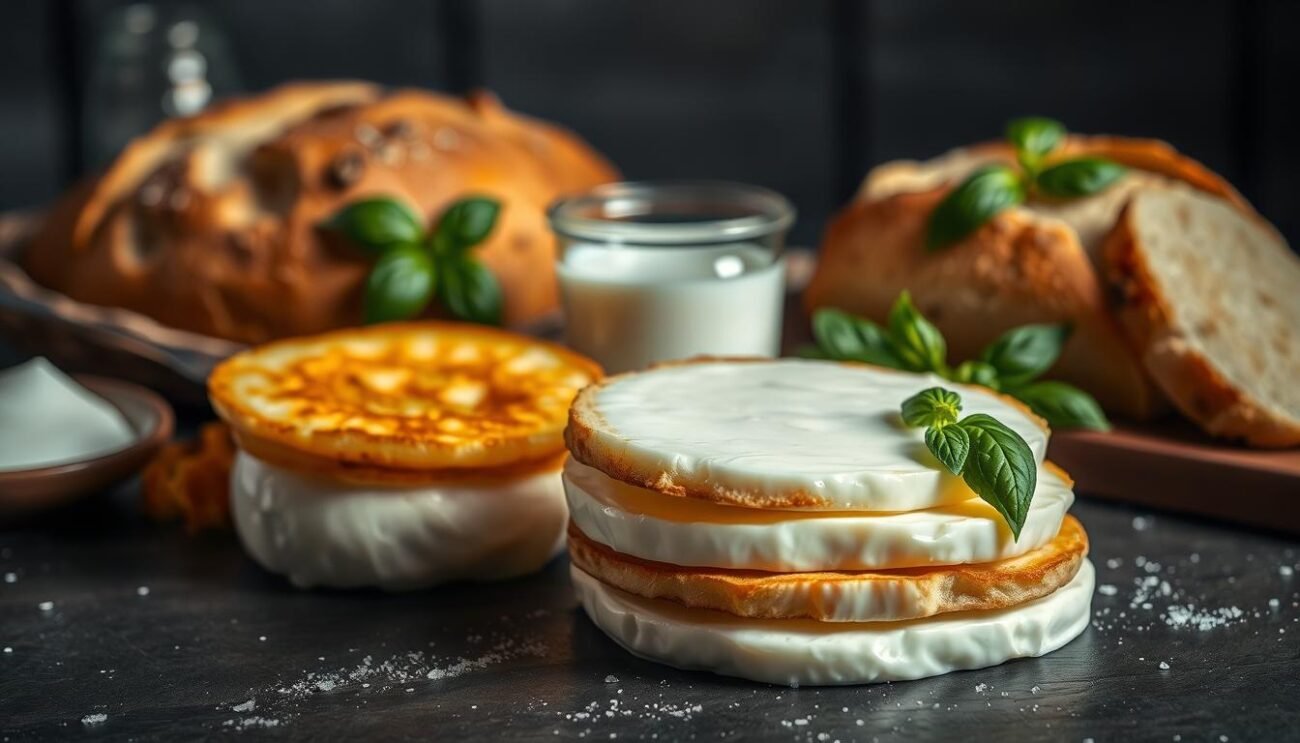 A still life arrangement of the essential ingredients for the perfect Mozzarella in Carrozza. In the foreground, a stack of fresh, soft mozzarella slices, glistening with moisture. Surrounding them, slices of crisp, golden-brown fried bread, their crunchy exteriors contrasting with the melty cheese. In the middle ground, a selection of high-quality ingredients: a rustic loaf of Italian bread, a small glass bowl of rich, creamy milk, and a handful of fresh basil leaves. The background is dimly lit, with soft shadows and warm, inviting tones to create a cozy, homemade atmosphere. The entire composition is shot with a shallow depth of field, drawing the viewer's focus to the star ingredients.