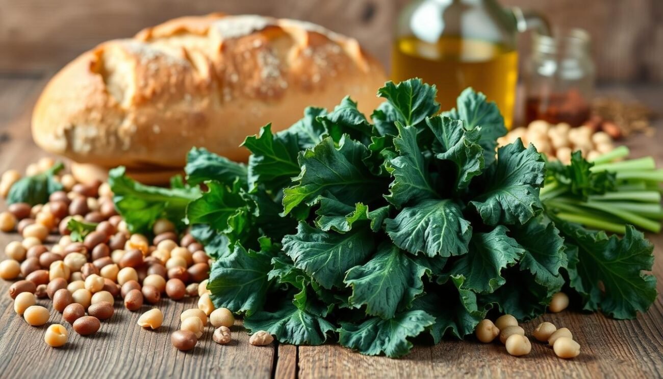 A still life arrangement showcasing the key ingredients for a classic Tuscan kale soup. In the foreground, a bundle of fresh, vibrant kale leaves, their dark green hues contrasting against the rustic wooden table surface. Surrounding the kale, an assortment of earthy legumes such as cannellini beans and chickpeas, their muted tones complementing the greens. In the middle ground, a crusty loaf of artisanal bread, its golden crust glistening under soft, natural lighting. In the background, a glass bottle of high-quality olive oil and a sprinkle of aromatic spices, hinting at the flavors to come. The overall composition evokes the simple, honest ingredients that make up this quintessential Tuscan dish.