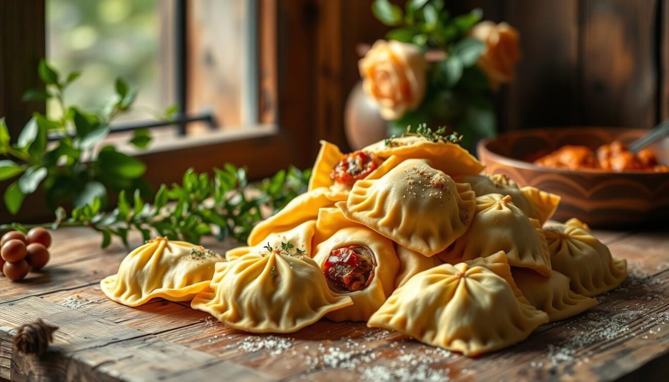 A still life composition featuring a rustic wooden table, adorned with a vibrant array of traditional Cjalsons della Carnia. The dumplings, made with a delicate dough, are filled with a savory-sweet blend of herbs, spices, and local ingredients. Soft lighting from a nearby window casts a warm glow, highlighting the intricate patterns and textures of the ravioli. In the background, a hint of lush, verdant foliage suggests the rich natural setting of the Carnia region. The overall scene evokes a sense of authenticity, tradition, and the comforting flavors of this beloved regional dish.