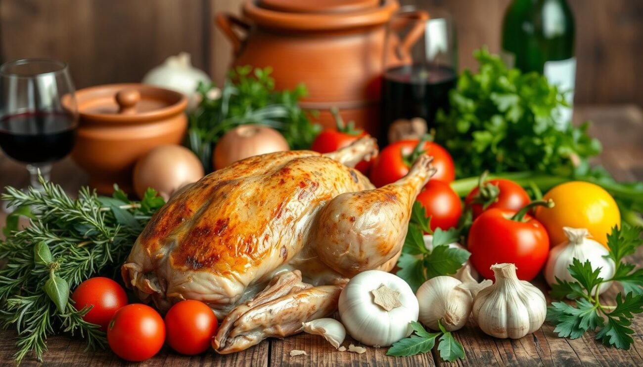 A still life composition of the authentic ingredients for the traditional Perugian dish "Palomba alla Ghiotta". In the foreground, a plump, roasted squab is prominently displayed, surrounded by a variety of fresh herbs such as rosemary, sage, and parsley. In the middle ground, an assortment of vegetables including onions, garlic, and tomatoes are arranged, hinting at the savory flavors. The background features a rustic wooden table, with a terracotta pot and glass of red wine, creating a warm, homely atmosphere. The lighting is soft and natural, casting gentle shadows and highlighting the rich colors of the ingredients. The overall scene evokes the essence of traditional Italian home cooking, inviting the viewer to imagine the aromatic and flavorful dish.