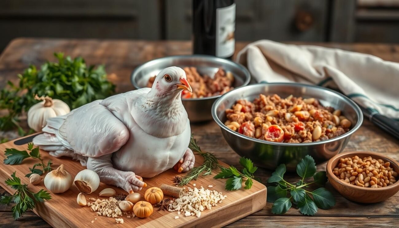 A still life image showcasing the essential ingredients for a traditional Umbrian stuffed pigeon dish. In the foreground, a whole pigeon sits atop a cutting board, surrounded by a selection of fresh herbs, garlic cloves, breadcrumbs, and aromatic spices. In the middle ground, a pewter bowl holds a mixture of ground meat, sautéed onions, and pine nuts, the traditional stuffing for the bird. The background features an antique wooden table, with a linen cloth and a bottle of robust red wine, setting the scene of an Italian country kitchen. The lighting is soft and natural, creating a warm, rustic atmosphere befitting the age-old recipe.