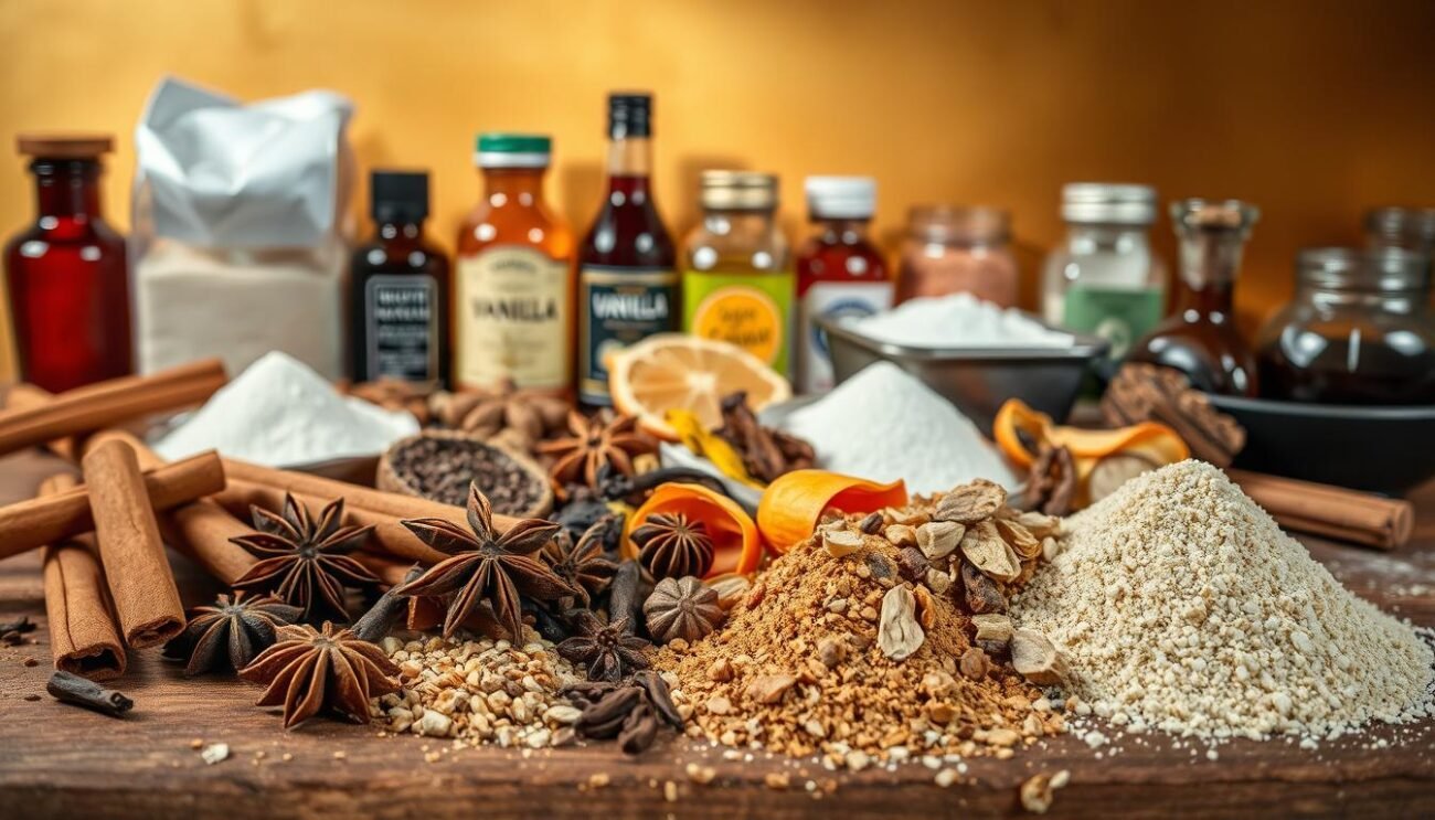 A still life of an assortment of aromatic spices and baking ingredients for desserts. In the foreground, an array of whole and ground spices such as cinnamon sticks, star anise, cloves, and nutmeg, arranged on a rustic wooden surface. The midground features a variety of baking essentials like vanilla beans, dried citrus peels, and packets of sugar and flour. In the background, jars of extracts and essential oils sit against a warm, golden-toned backdrop, evoking the comforting atmosphere of an Italian kitchen. The lighting is soft and diffused, casting gentle shadows that emphasize the rich hues and textures of the ingredients. The overall mood is cozy, inviting, and evocative of the flavorful and fragrant world of baking.