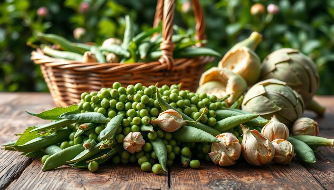 A still life scene depicting the traditional Italian dish "Vignarola Romana". In the foreground, fresh fava beans, peas, and artichoke hearts are artfully arranged on a rustic wooden table. The middle ground features a woven basket overflowing with these seasonal ingredients, while the background suggests a lush, verdant Italian kitchen garden. Soft, diffused natural lighting illuminates the scene, capturing the vibrant colors and textures of this quintessential spring vegetable medley. The overall mood is one of rustic simplicity and the bounty of the Italian countryside.