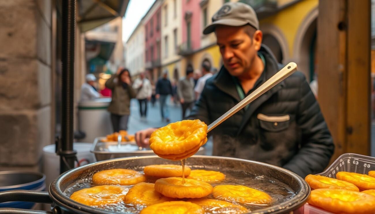 A street vendor in Palermo, Sicily, delicately frying fresh, golden-brown panelle - traditional chickpea fritters, a beloved local delicacy. The sizzling oil casts a warm glow, filling the air with the aroma of savory, crispy perfection. In the background, the vibrant architecture of the historic city frames the scene, hinting at the rich cultural heritage that these iconic street snacks embody. The focus is on the panelle, showcased in all their rustic, artisanal glory, a symbol of Palermo's enduring culinary traditions and the vibrant street food culture that defines this vibrant Mediterranean city.