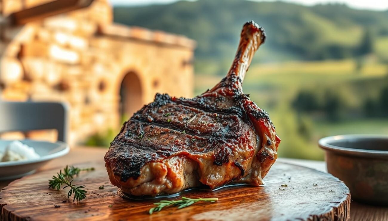 A succulent grilled lamb chop, sizzling with a crisp, golden-brown crust and dripping with fragrant, herb-infused juices. The agnello scottadito, a beloved Umbrian delicacy, takes center stage against a backdrop of rustic, sun-dappled stone walls and a verdant, rolling countryside. The warm, amber lighting casts a cozy, inviting glow, capturing the essence of traditional Italian alfresco dining. The composition showcases the chop's tender, pink interior and the charred, caramelized edges, enticing the viewer to savor the depth of flavor and the comforting simplicity of this iconic regional dish.