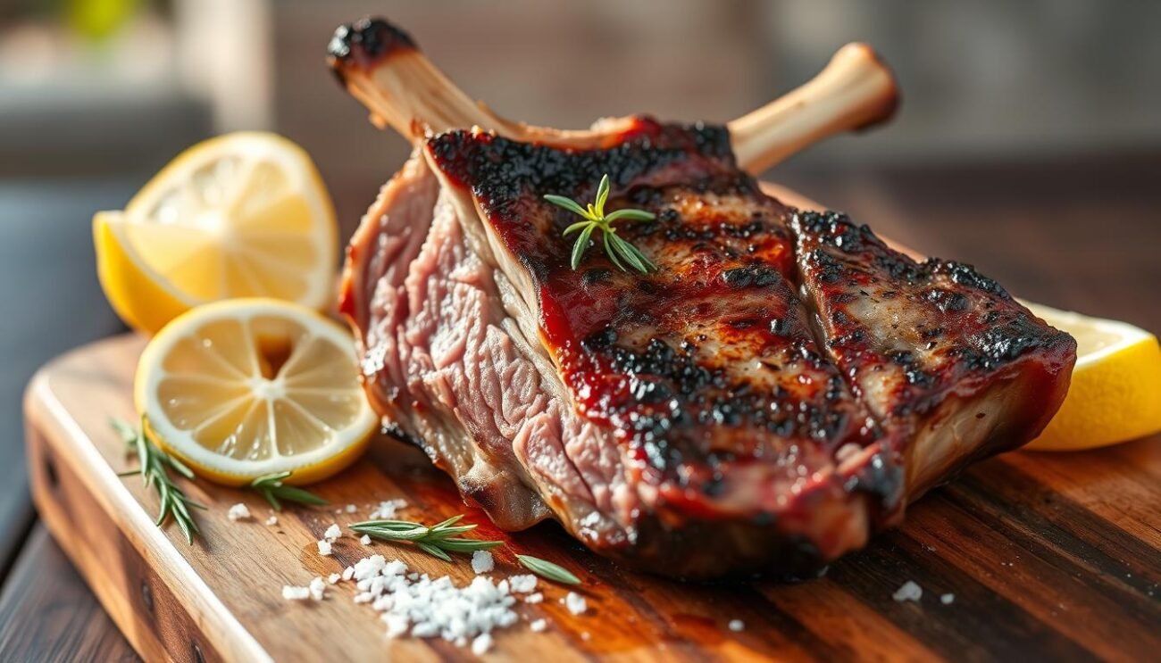 A succulent lamb chop, seared to perfection over an open flame, glistening with a subtle char. The meat is tender and juicy, with a delicate pink center that gives way to each bite. The fragrant aroma of rosemary and garlic fills the air, complementing the savory flavors. The dish is presented on a rustic wooden cutting board, alongside a selection of fresh lemon wedges and a sprinkle of coarse sea salt. The lighting is warm and natural, casting a soft glow over the scene, evoking the essence of a traditional Italian outdoor grill. This is the epitome of "Agnello Scottadito Umbro," a beloved regional specialty that captures the essence of Umbrian culinary heritage.