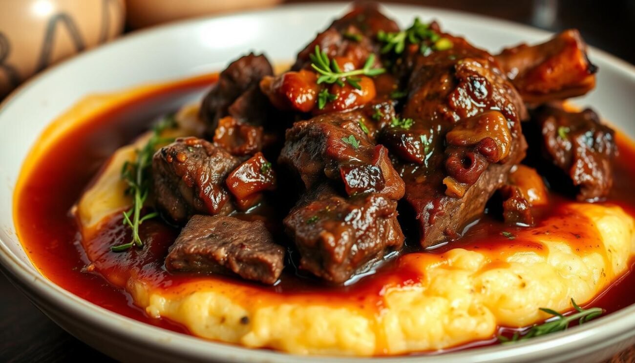 A succulent pot roast of tender beef, slow-cooked in a rich Barbera wine sauce until it melts in the mouth. The braised meat glistens with caramelized edges, nestled atop a bed of creamy polenta. Fragrant herbs and aromatic vegetables infuse the dish with depth of flavor. Warm lighting casts a cozy glow, accentuating the hearty, rustic textures. The scene evokes the comforting traditions of Piacenza, capturing the essence of "Stracotto alla Piacentina" - a beloved regional specialty that has been passed down through generations. A succulent pot roast of tender beef, slow-cooked in a rich Barbera wine sauce until it melts in the mouth. The braised meat glistens with caramelized edges, nestled atop a bed of creamy polenta. Fragrant herbs and aromatic vegetables infuse the dish with depth of flavor. Warm lighting casts a cozy glow, accentuating the hearty, rustic textures. The scene evokes the comforting traditions of Piacenza, capturing the essence of "Stracotto alla Piacentina" - a beloved regional specialty that has been passed down through generations.