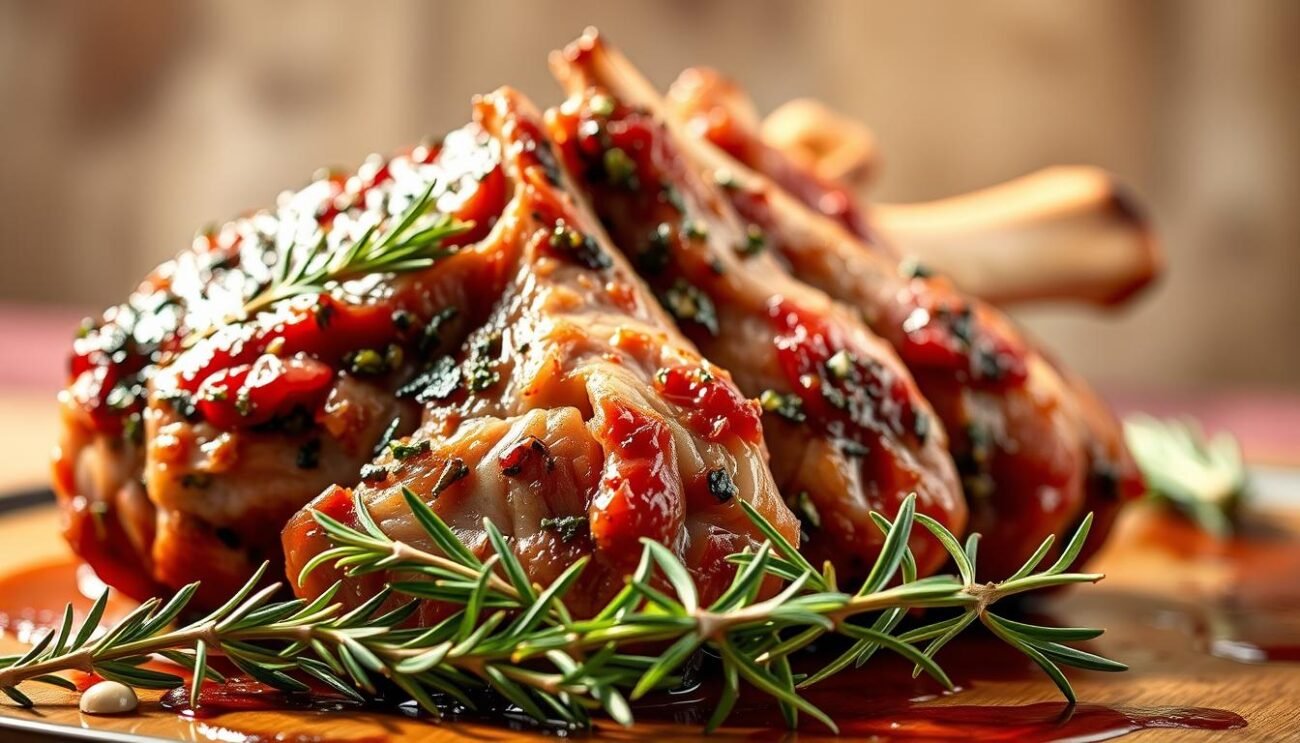 A succulent rack of lamb, marinated to perfection in a fragrant blend of herbs, garlic, and red wine. The meat glistens under the warm light, its tender texture inviting the viewer to imagine the savory flavors that await. In the foreground, a handful of fresh rosemary sprigs and a drizzle of olive oil, hinting at the care and attention put into the preparation. The background fades into a soft, hazy focus, allowing the star of the dish to take center stage. This image evokes the traditional Italian celebration of "Agnello al Forno con Patate alla Pugliese," where the secret to a tender and flavorful lamb lies in the marinara process.